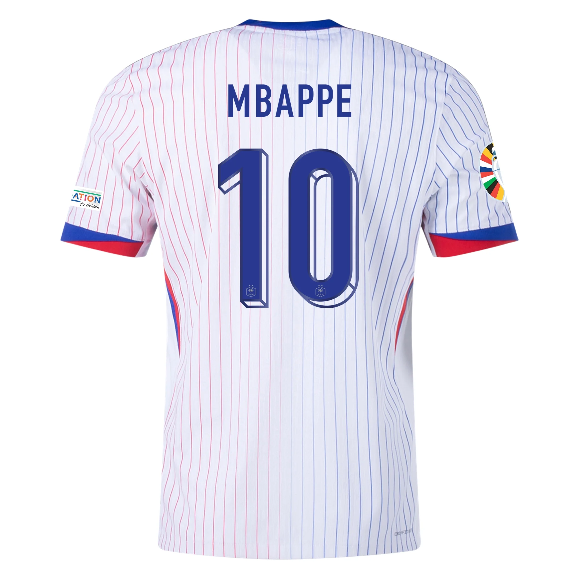 France 2024/25 Nike away jersey worn by Kylian Mbappe — white Les Bleus away shirt with navy and red detailing
